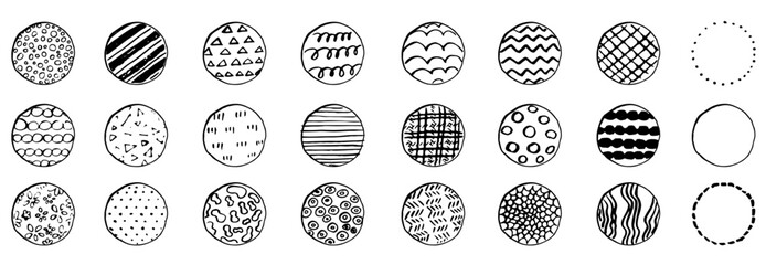 手描きの北欧風の背景やシームレスパターン（丸柄・モノクロ・白黒・モノトーン）黒枠あり
