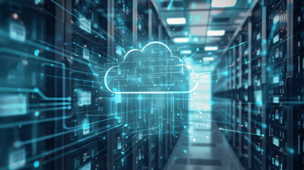 Obraz premium Vibrant digital landscape with interconnected servers and data streams, high-tech blue and white color scheme.