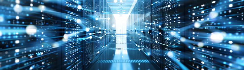 Obraz premium Futuristic cloud computing infrastructure with interconnected servers and data streams in a dynamic setting.