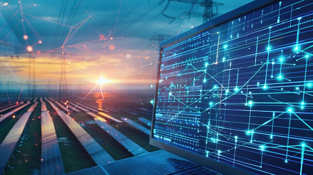 The digital computer display showed a grid of blue digital lines and green icons on it. In the background was an electric power station surrounded by solar panels