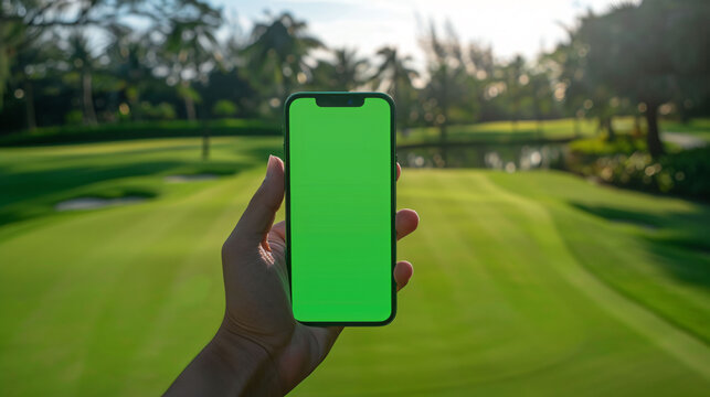 Golfer holding smartphone mockup with green screen on golf course.