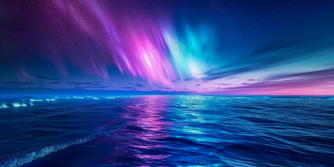 Blue and purple northern lights over an ocean poster
