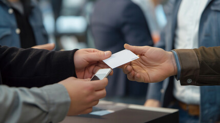 Advertisers networking at an industry event, exchanging ideas and business cards, left third copy space