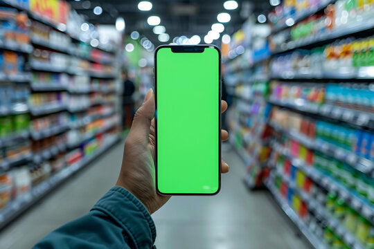 Smartphone mockup green screen at shopping store