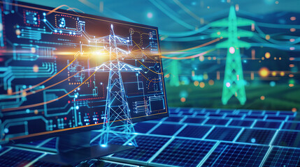The digital computer display showed a grid of blue digital lines and green icons on it. In the background was an electric power station surrounded by solar panels