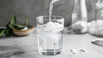 Mixing sodium bicarbonate into water on neutral-toned surface in close-up shot.