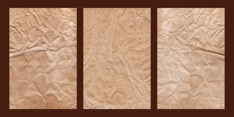 Collection of old parchment vintage three paper set with a glowing and Brown crumpled wet craft texture grunge vignette copy space empty background.