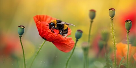 Obraz premium Bumblebee Delicately Feeding on Vibrant Red Poppy in Sunlit Field