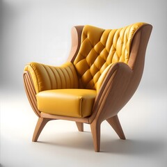 Luxurious yellow leather armchair with wooden base isolated on a white backdrop background. Luxurious modern design wooden armchair with yellow leather.