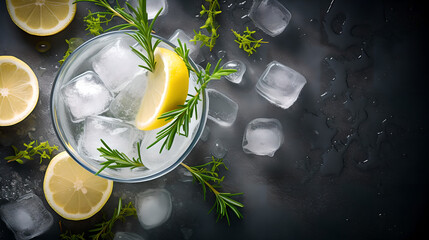 Refreshing glass of lemon and rosemary-infused water with ice cubes on a dark background,...