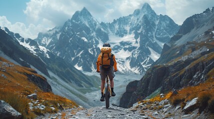 Naklejka premium A Caucasian biker embarks on a solitary bike trip through the mountains during summer, surrounded by a picturesque mountain landscape.