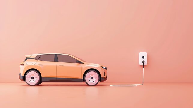 An orange electric car plugs into a charging station against a pink background.