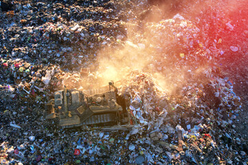 Landfill with rubbish, drone view. Landfill waste disposal. Garbage dump, waste plastic. Reduce...
