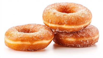 A pile of sugary, cinnamon-coated donuts on a white background with a clipping path.