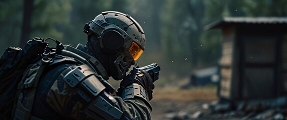 cyborg soldier fighting in a warzone movie story seen trail cam footage, rear view, wide angle shot, a striking contrast against the soft, blurred background, with a digital interface overlaid
