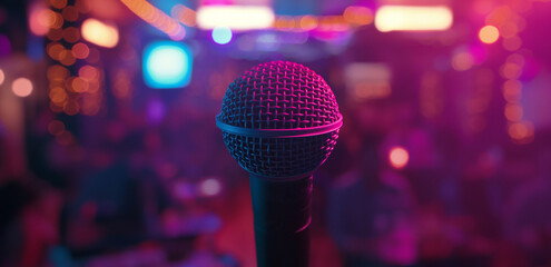 Close-up of a microphone on stage in front of a blurred background of colorful lights, ready for a...