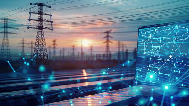 The digital computer display showed a grid of blue digital lines and green icons on it. In the background was an electric power station surrounded by solar panels