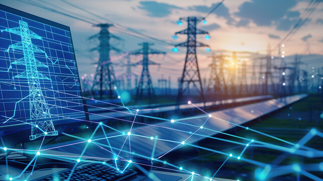 The digital computer display showed a grid of blue digital lines and green icons on it. In the background was an electric power station surrounded by solar panels