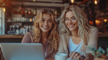 Contented female colleagues working together with passion in a contemporary workspace. Two businesswomen utilizing a computer for an efficient meeting in a corporate environment.