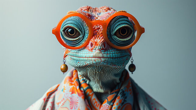 Bearded dragon lizard dressed as a human, anthropomorphism in reptile wearing glasses and earrings