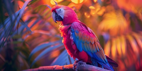Vibrant Scarlet Macaw in Lush Tropical Foliage at Sunset