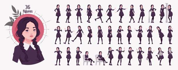 All black outfit pale girl, goth long sleeved dress character set, bundle, long pigtail braids, charm costume, cool uniform look poses, emotion, life mood, diverse life situations. Vector illustration