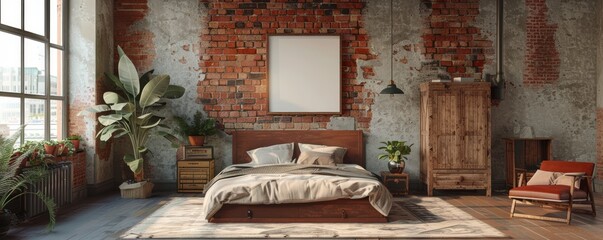 Industrial bedroom with a blank wardrobe