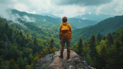 Backpacker Admiring Mountain View.