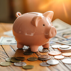 Close-up of a pink ceramic piggy bank with a coin slot, surrounded by scattered coins and dollar bills on a wooden table