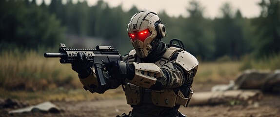 Fototapeta premium cyborg soldier fighting in a warzone movie story seen trail cam footage, rear view, wide angle shot, a striking contrast against the soft, blurred background, with a digital interface overlaid