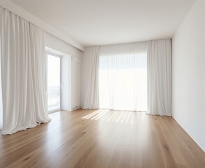 Obraz premium Empty room with wooden floor and white walls, perfect for interior design ideas