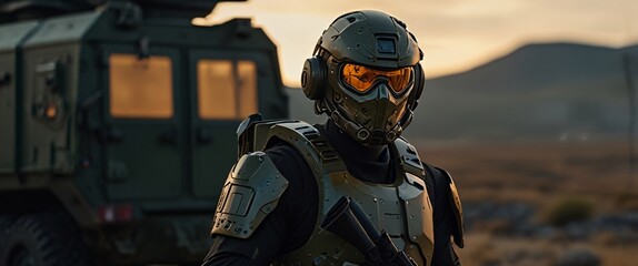 Naklejka premium cyborg soldier fighting in a warzone movie story seen trail cam footage, rear view, wide angle shot, a striking contrast against the soft, blurred background, with a digital interface overlaid