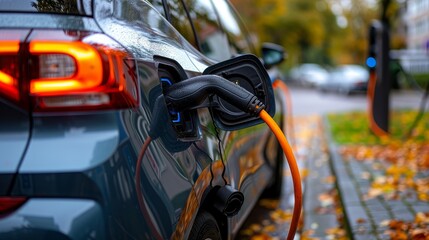 Eco-Friendly Clean Energy Transportation: Close-Up of Electric Car Being Charged in Parking Lot