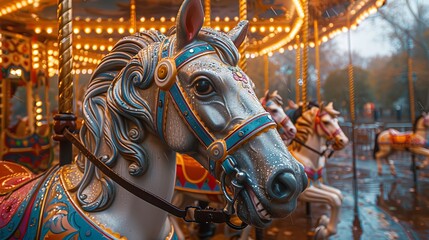 Fototapeta premium Detailed close-up of a carousel horse's head with ornate decorations and vivid colors
