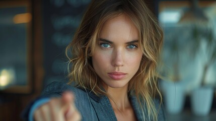 Young woman with an intense gaze pointing directly at the viewer against a blurred background