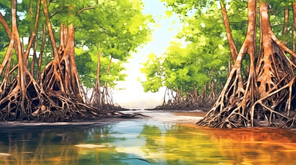 Mangrove forest watercolor style