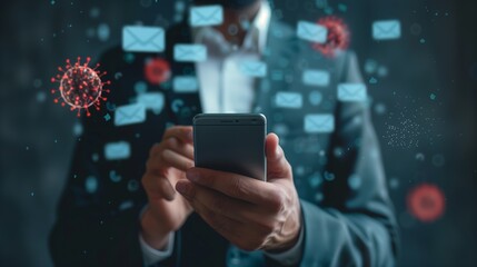 Businessman holding smartphone, Scam alert concept, virus hacker internet security Email.