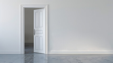 A minimalist interior featuring a clean, empty room with an open white door, conveying a sense of openness and simplicity.