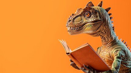 Naklejka premium A dinosaur toy is reading a book against an orange background.