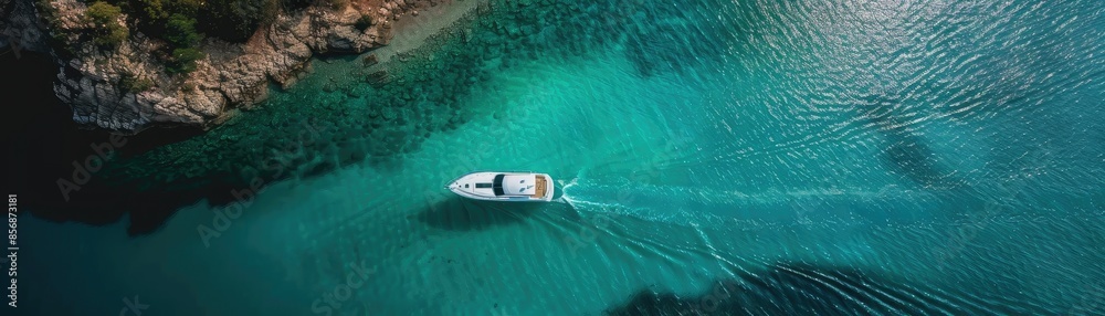 Wall mural Aerial view of a boat cruising through clear turquoise waters near a rocky coastline, creating a serene and picturesque maritime scene. - Wall murals