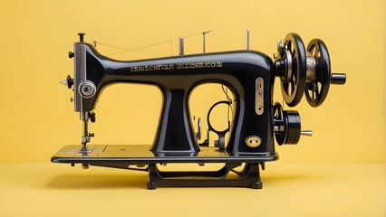 Sewing machine isolated on a yellow background, world sewing machine day