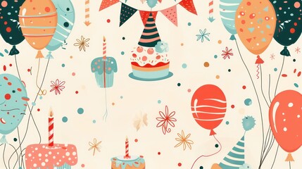Children's birthday design background with cake and colorful balloons