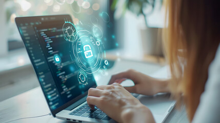 Woman working on a laptop with holographic digital interface overlay, showcasing programming and technology concepts.
