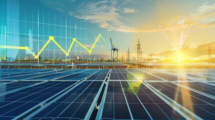 The digital computer display showed a grid of blue digital lines and green icons on it. In the background was an electric power station surrounded by solar panels