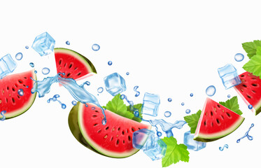 Watermelon slice with liquid water splash. Ice cubes and red flying watermelon. Refreshing summer drink 3d realistic vector. Cold beverage droplets.