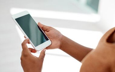 Woman, hands and screen in office with cellphone for social network, mobile website and digital contact. Secretary browsing on smartphone, reading business notification and search media on app mockup