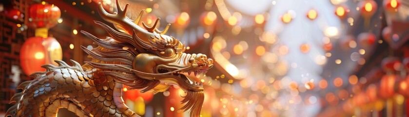 Obraz premium A gold dragon is standing in front of a street with many red lanterns hanging from the buildings