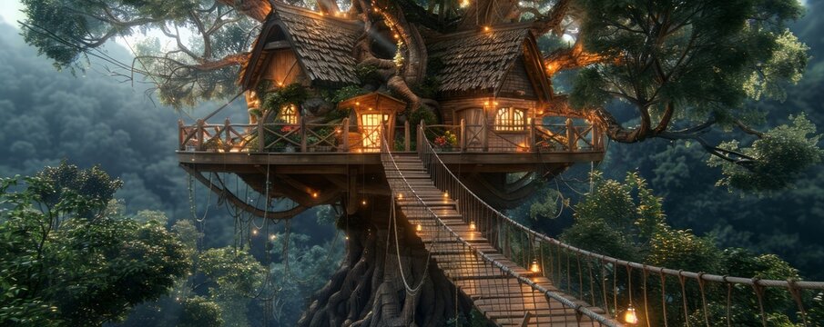 Fototapeta Treehouse with a wooden deck and rope bridge.