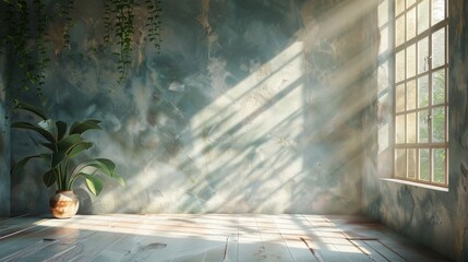 Sunrays filter through a window, casting light on plants in an abandoned room with greenery walls