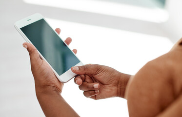 Person, hands and screen in workplace with smartphone for social network, mobile website and digital contact. Woman browsing on cellphone, reading business notification and search media on app mockup